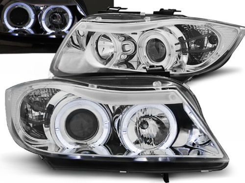 Paire de feux phares BMW serie 3 E90 / E91 de 03/2005 a 08/2008 angel eyes chrome